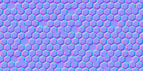 Normal map of uneven honeycomb simple seamless pattern with hollows. Bump mapping of irregular hive cell texture. Hexagon geometry material 3d rendering shader illustration
