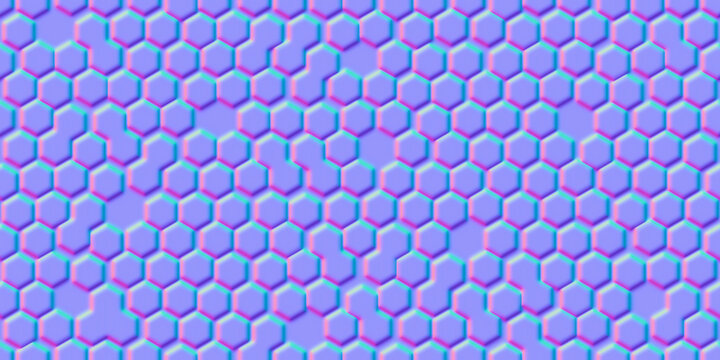 Normal map of uneven honeycomb simple seamless pattern with hollows. Bump mapping of irregular hive cell texture. Hexagon geometry material 3d rendering shader illustration