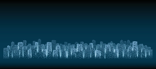 Obraz premium Panorama of the digital city. Futuristic digital urban landscape. Building skyline view, sci-fi, vector architecture on dark background.