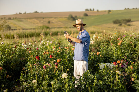 Man in hat takes a photo on phone while working as farmer on rural flower farm outdoors