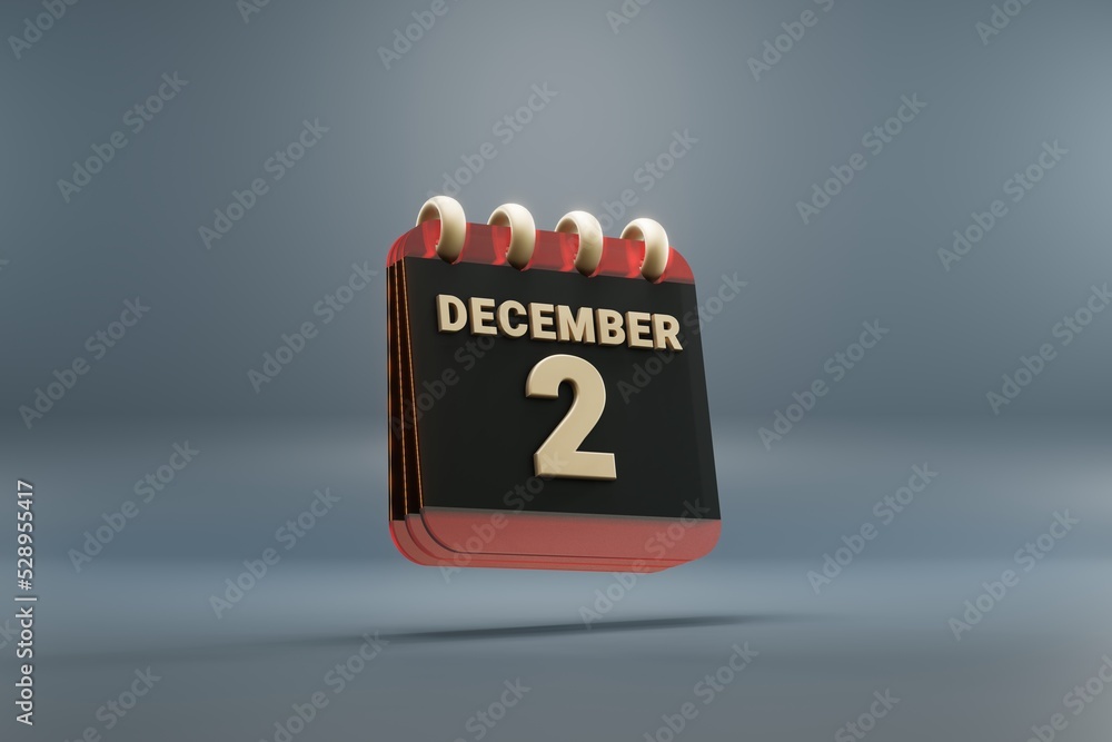 Poster Standing black and red month lined desk calendar with date December 1. Modern design with golden elements, 3d rendering illustration. Blue gray background..
