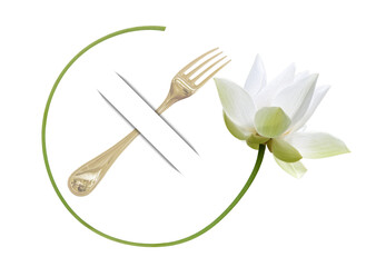 Fourchette en argent et fleur de lotus sur fond blanc 