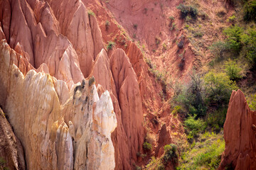 Natural unusual landscape red canyon of extraordinary beauty is similar to the Martian landscape. Multi-colored canyon fairy tale in Kyrgyzstan. Charyn Canyon. Amazing beautiful landscape.
