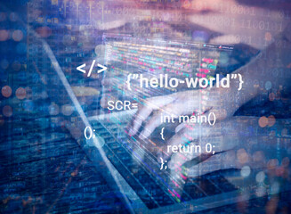 Double exposure with Digital technology, software development, IoT concept. Woman programmer, software developer working on laptop computer and smart city with big data, programming code.