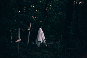 Ghost in the cemetery between graves during Halloween