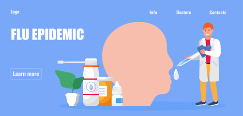 Flu epidemic concept vector for medical homepage website. Flu shot concept on the blue background. Time to vaccinate.