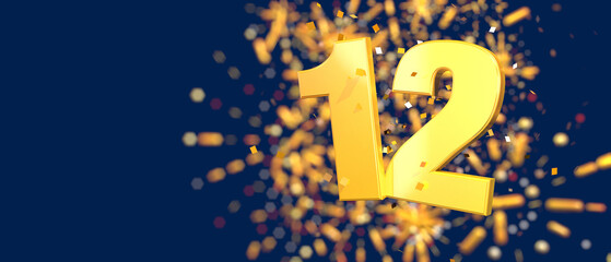 Gold number 12 in the foreground with gold confetti falling and fireworks behind out of focus