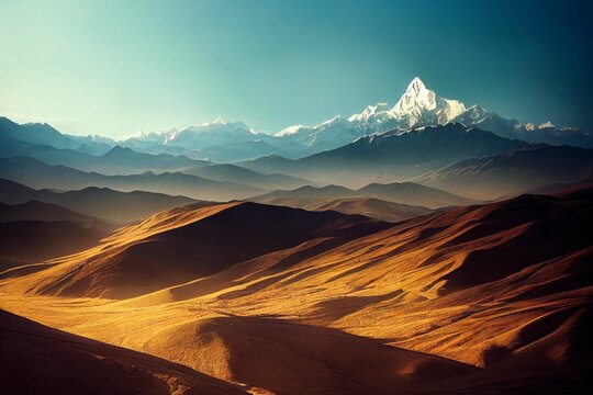 Sand dunes before the snowy mountains under the blue sky in Tibet