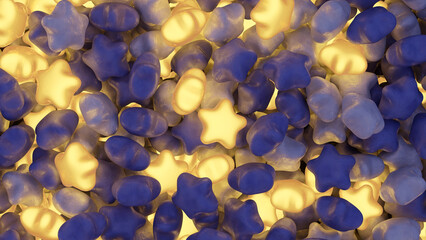 Glowing stars with blue stone stars. Illuminated background. 3d render.