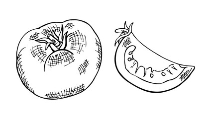 tomato with a slice, black and white drawing, hatching