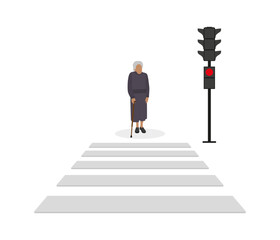 A gray-haired old woman with a cane stands in front of a pedestrian crossing at a red traffic light on a white background