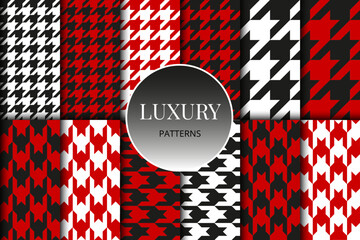 Houndstooth seamless patterns set. Fabric background. Classical red checkered textile collection