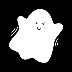 Vector with cute smiling ghost. Happy flying spirit in flat design. Funny white phantom on black background. Doodle ghost. Halloween.