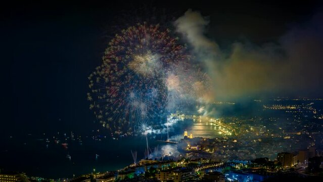 Scenic view of a Fireworks display in Sitges, Barcelona, Spain