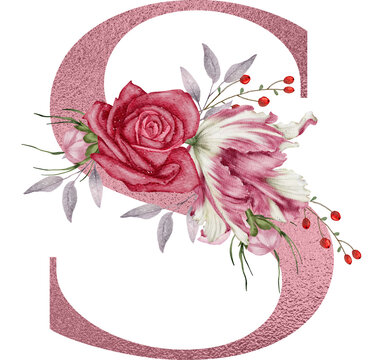 Watercolor Flowers With Rose Gold Alphabet