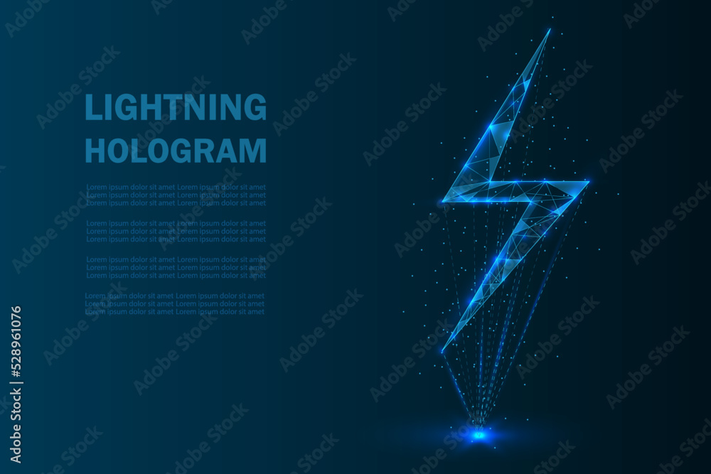 Poster lightning hologram in low poly wireframe style vector illustration with lines, dots and lights.