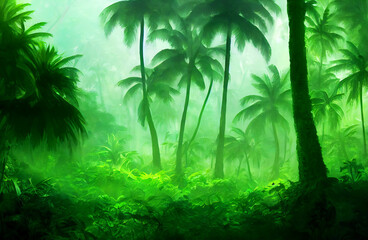 Lush green tropical rainforest. Exotic concept art for video games or book illustration. 