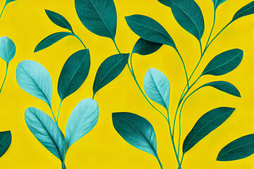 Teal and blue leaves and stems against a bright yellow background. Digital art illustration. Children's book artwork.