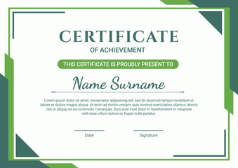 Fototapeta na wymiar Certificate template design with green flat design