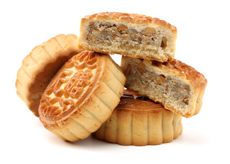 Mid-Autumn Festival moon cake on white background（Non-English texts translation :Five kernels, purple potato, chestnut）