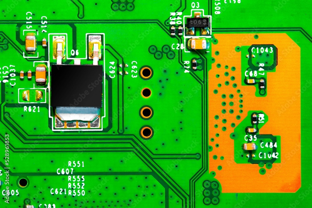Poster close up of components and microchips on pc circuit board