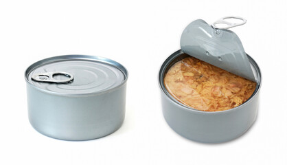 Closeup top view open canned preserved Albacore tuna flakes in oil isolated clipping path on white. 