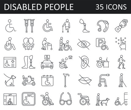 Set Of 35 Disability, Disabled Related Vector Line Icons. 