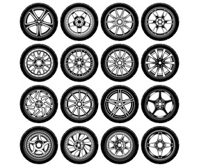 Set of car wheel, rubber tyre, truck wheel element illustration. 3D illustration of rims car collections. Vector eps 10.