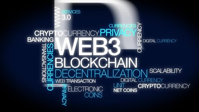 Web3 blockchain decentralization cryto blue tag cloud text words data currency 3.0 nft platform video conference, web, 3, tagcloud cryptocurrency bitcoin ethereum big data center