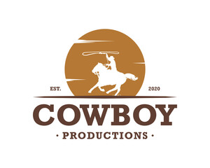 American cowboy riding horse in the sunset or sunrise and throwing lasso illustration symbol icon logo vector.