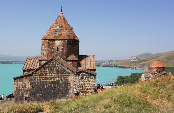 Armenia, Gegharkunik region, Sevanavank Monastery located on the Sevan Peninsula on the shore of Lake Sevan, Tourists visit