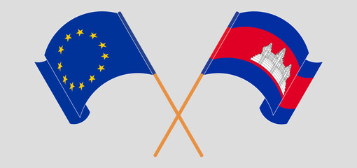 Crossed flags of the European Union and Cambodia. Official colors. Correct proportion
