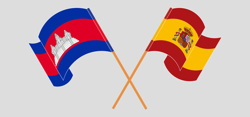 Crossed flags of Cambodia and Spain. Official colors. Correct proportion