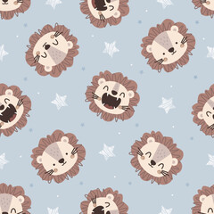 Seamless Vector Pattern with cute Lion and stars. Hand drawn Doodle Cartoon Animals Background. design for background, wallpaper, wrapping, fabric, and all your creative project