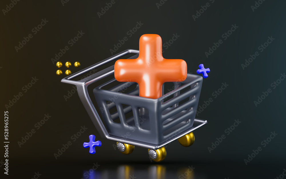 Poster shopping cart with plus sign on dark background 3d render concept for add products