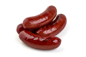 BBQ roasted pork sausages, isolated on white background.