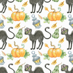 Watercolor seamless halloween pattern from black cat,pumpkins,lantern and oak leaves on white background.Good for children textile,print.