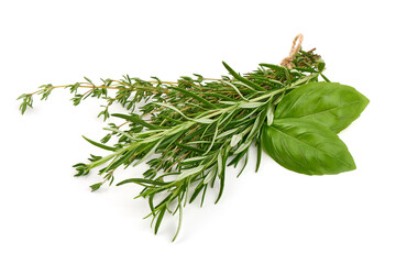 Fresh spices and herbs, basil, rosemary, thyme, isolated on white background.
