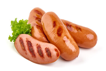 Grilled sausages, barbecue dishes, isolated on white background.