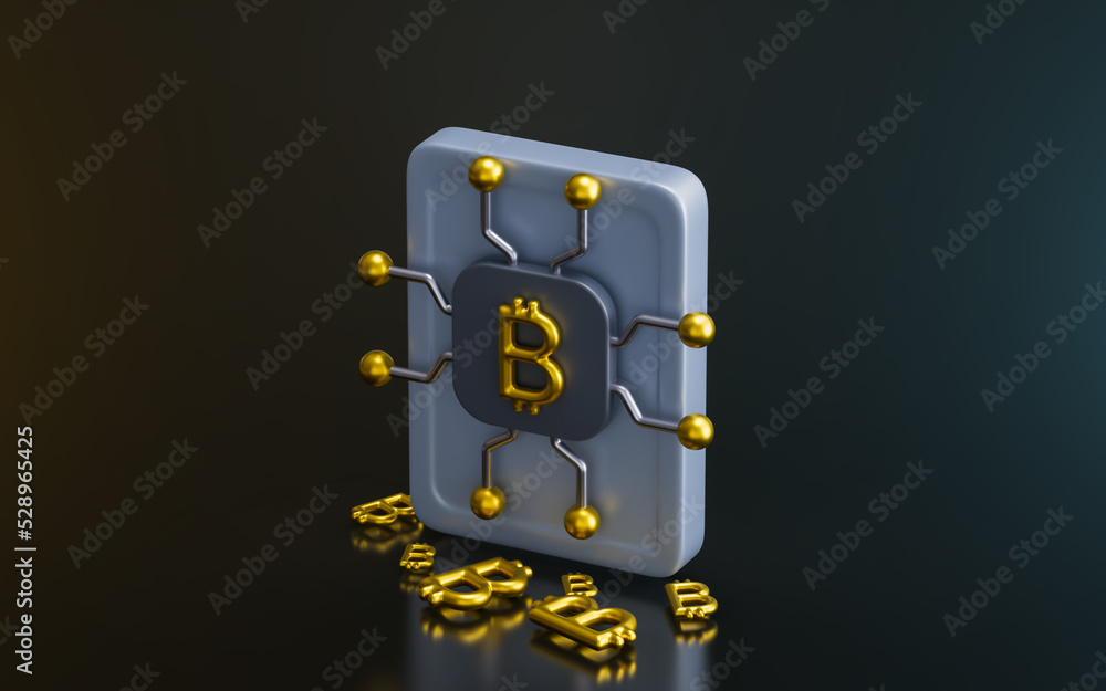 Poster bitcoin network sign on dark background 3d render concept for future currency mining