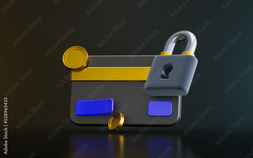 Poster credit card with gold coin lock sign on dark background 3d render concept for secure payment method