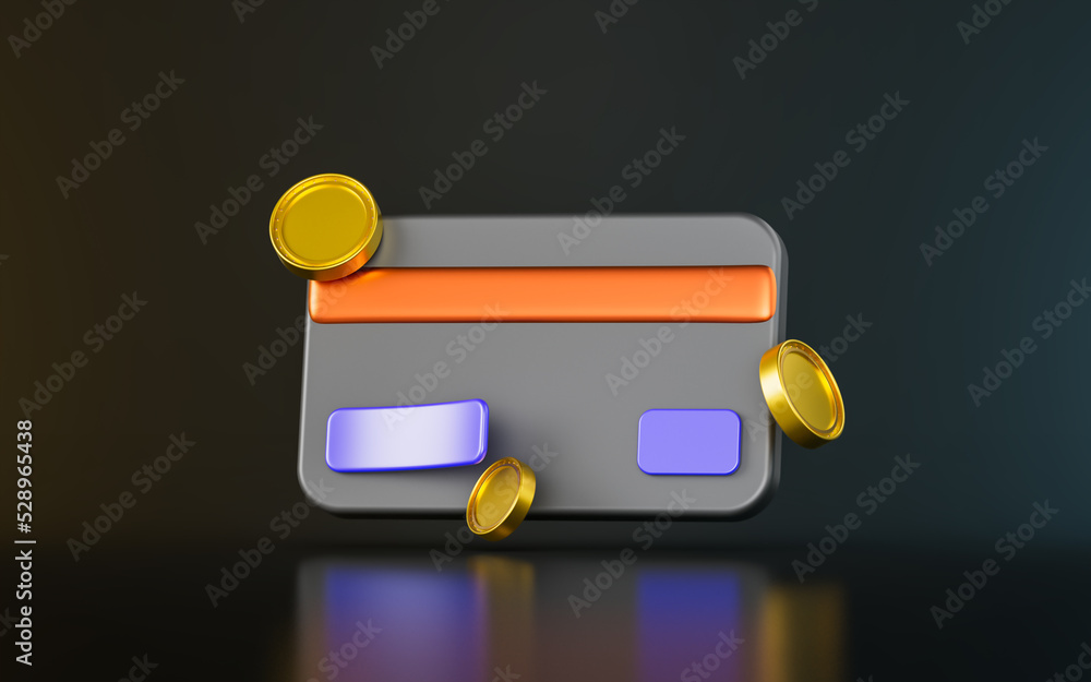 Poster debit card sign with gold coin on dark background 3d render concept for payment method