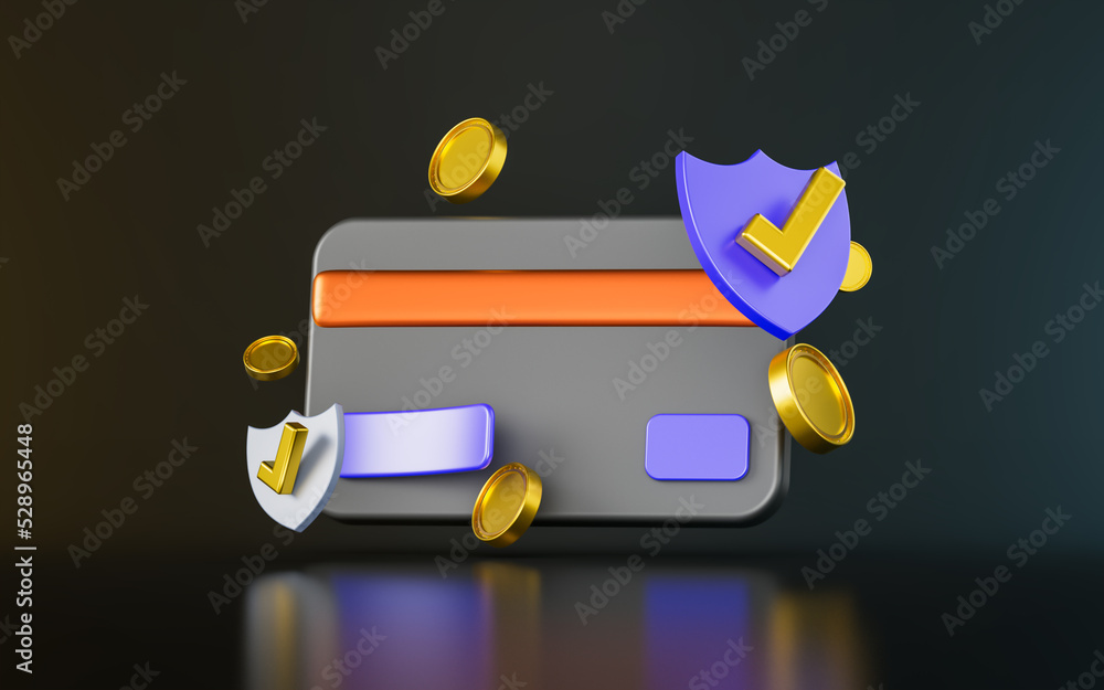 Poster credit card with gold coin security shield check mark sign on dark background 3d render concept