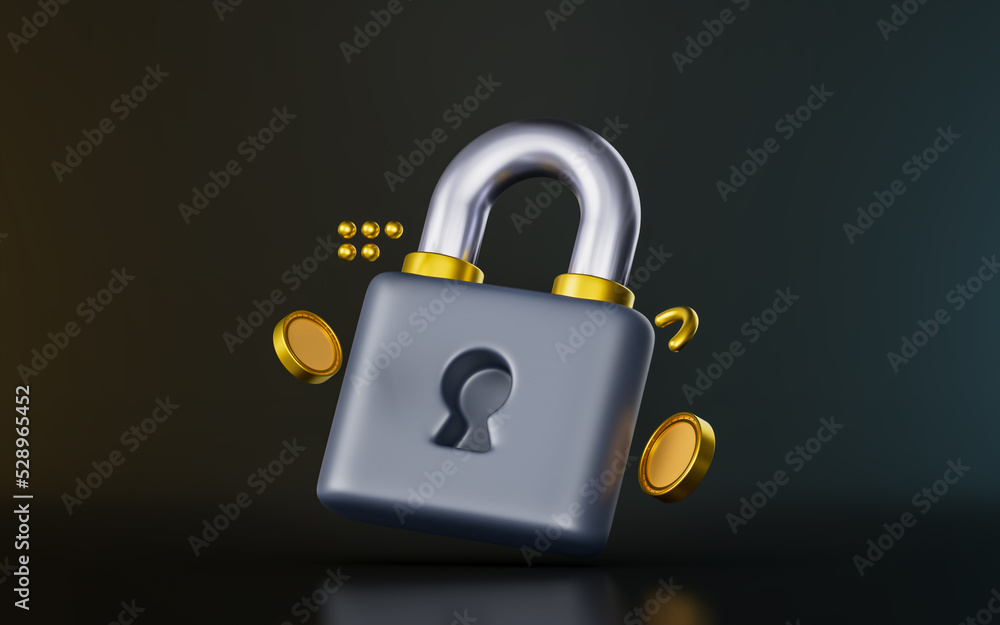 Poster lock sign with gold coin on dark background 3d render concept for secure account