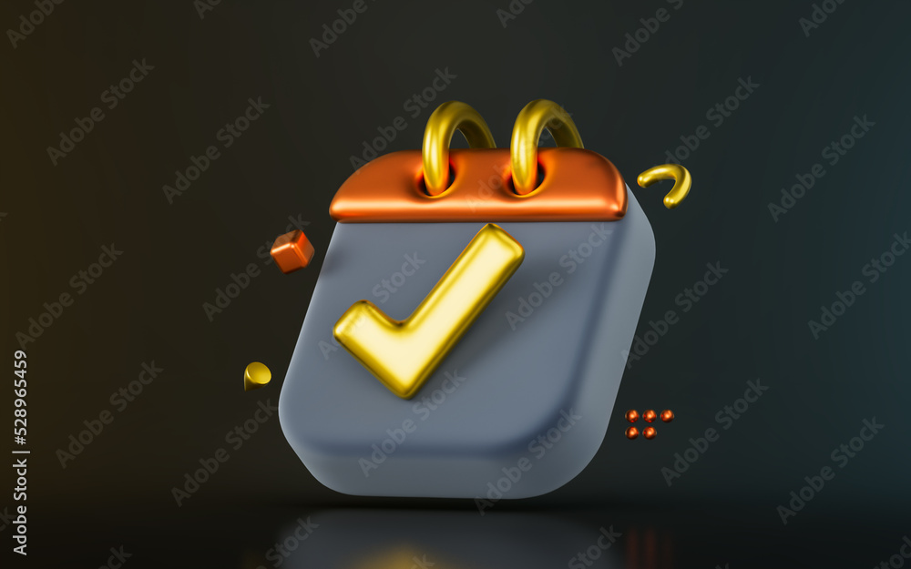 Poster calendar check mark sign on dark background 3d render concept for confirm date