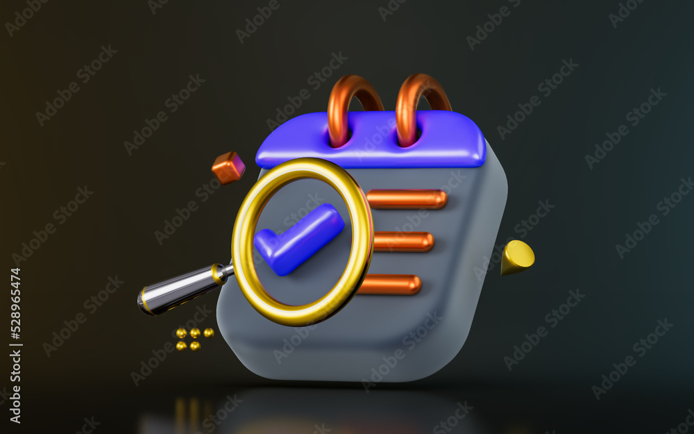 Poster calendar check mark with magnify glass on dark background 3d render concept for check confirm date