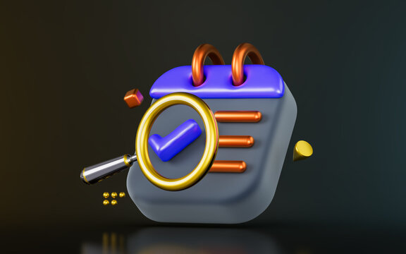 calendar check mark with magnify glass on dark background 3d render concept for check confirm date