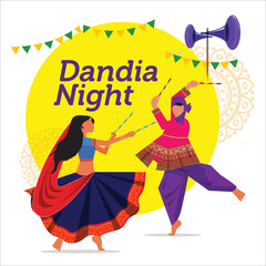 illustration of couple playing Dandiya in disco dandia Night banner poster for Navratri Dussehra festival of India