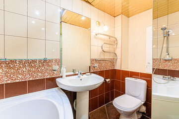 Russia, Moscow- May 21, 2020: interior apartment room bathroom, sink, decorative elements, toilet