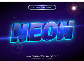 Blue light neon text effect. 3d cartoon text editable.